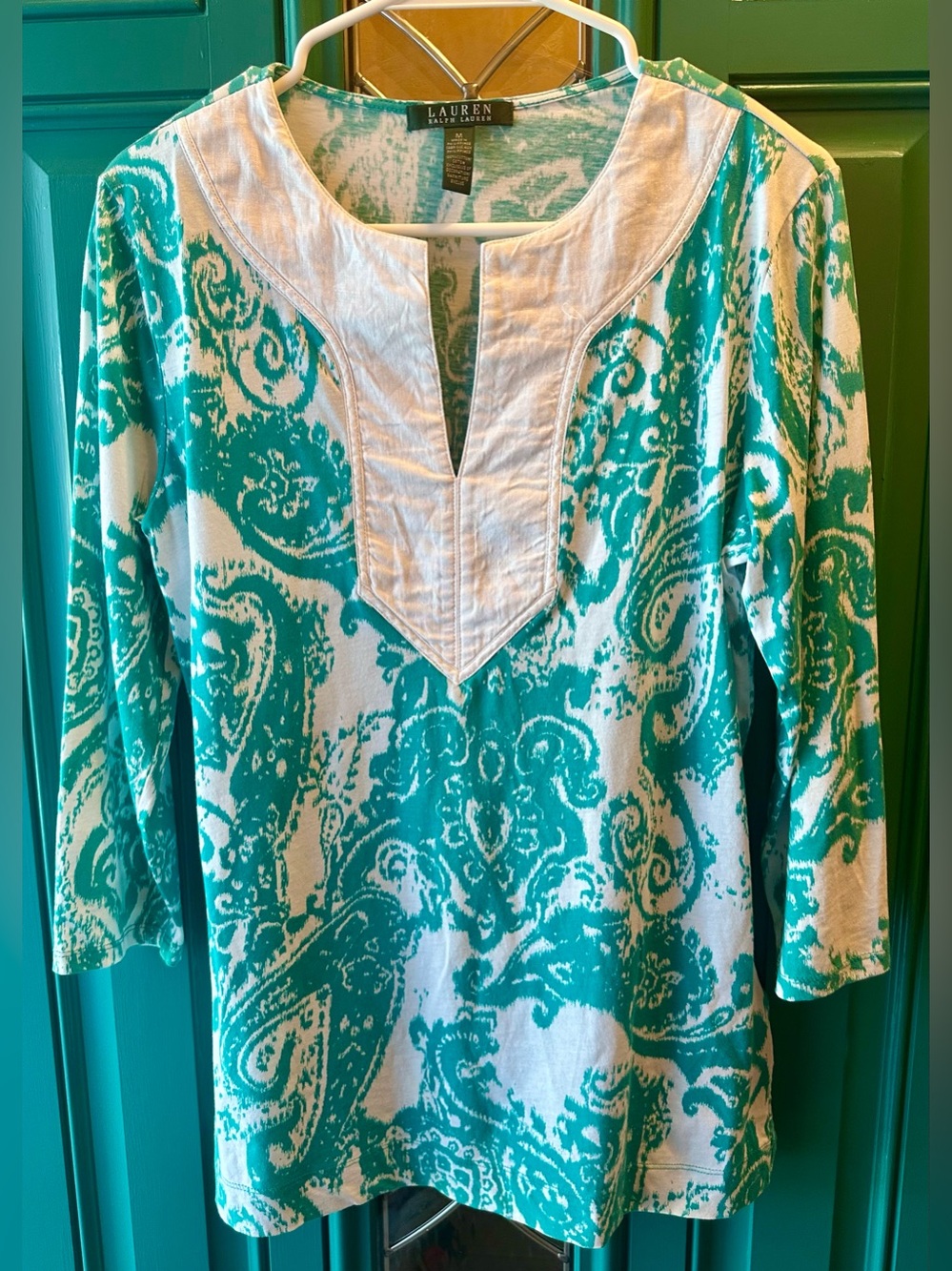 Lauren Ralph Lauren Teal Paisley Print Split V-Neck Linen Trim Tunic